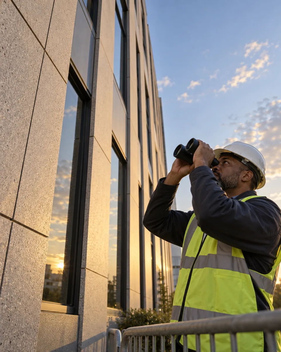 A facility inspector studies upper facade joints through binoculars while standing behind a ground-level barrier.