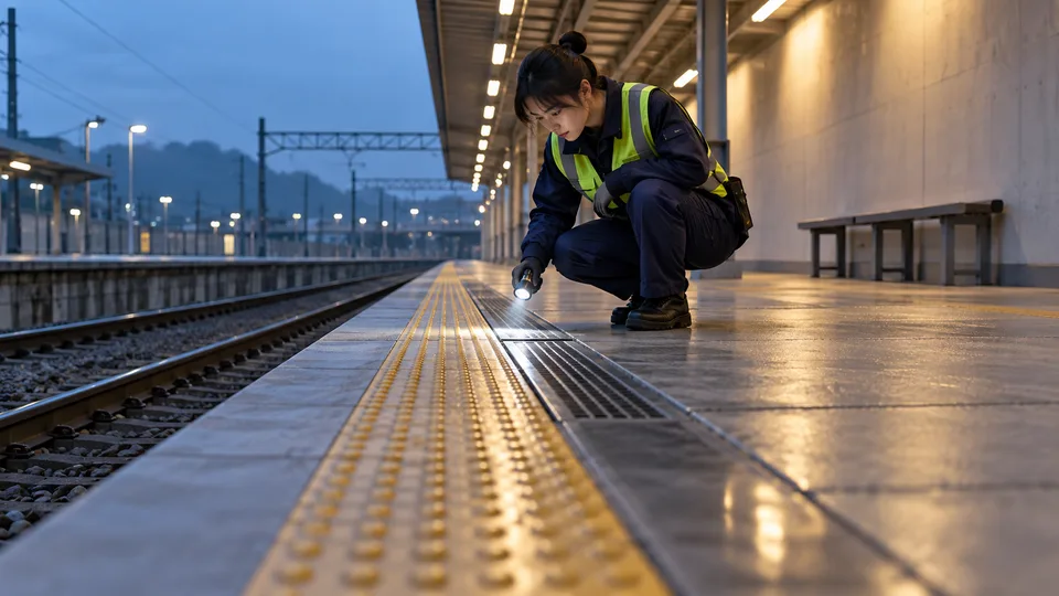 A rail worker checks a platform drainage grate beside tactile paving during a quiet maintenance window.