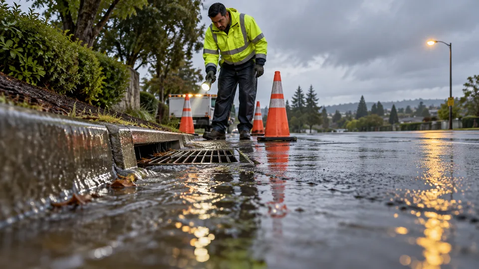 A public works worker inspects a curbside stormwater grate behind safety cones after rain.