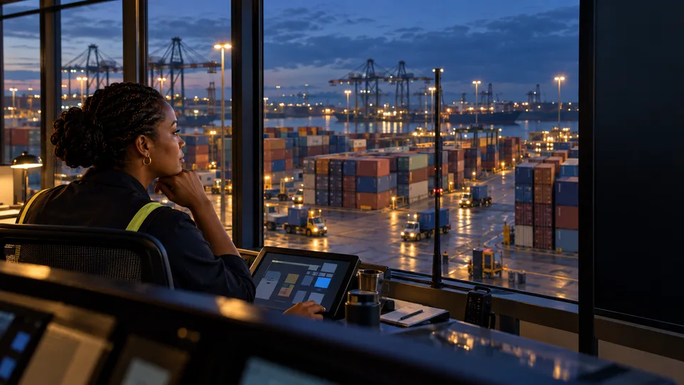 A logistics operator looks across stacked containers and yard lanes from a protected glass control room.
