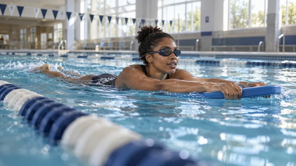 A new adult swimmer practices a kickboard drill in an indoor pool from a low water-level viewpoint.