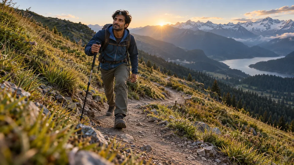 A hiker works uphill on a rocky mountain path with a trekking pole and broad valley behind him.