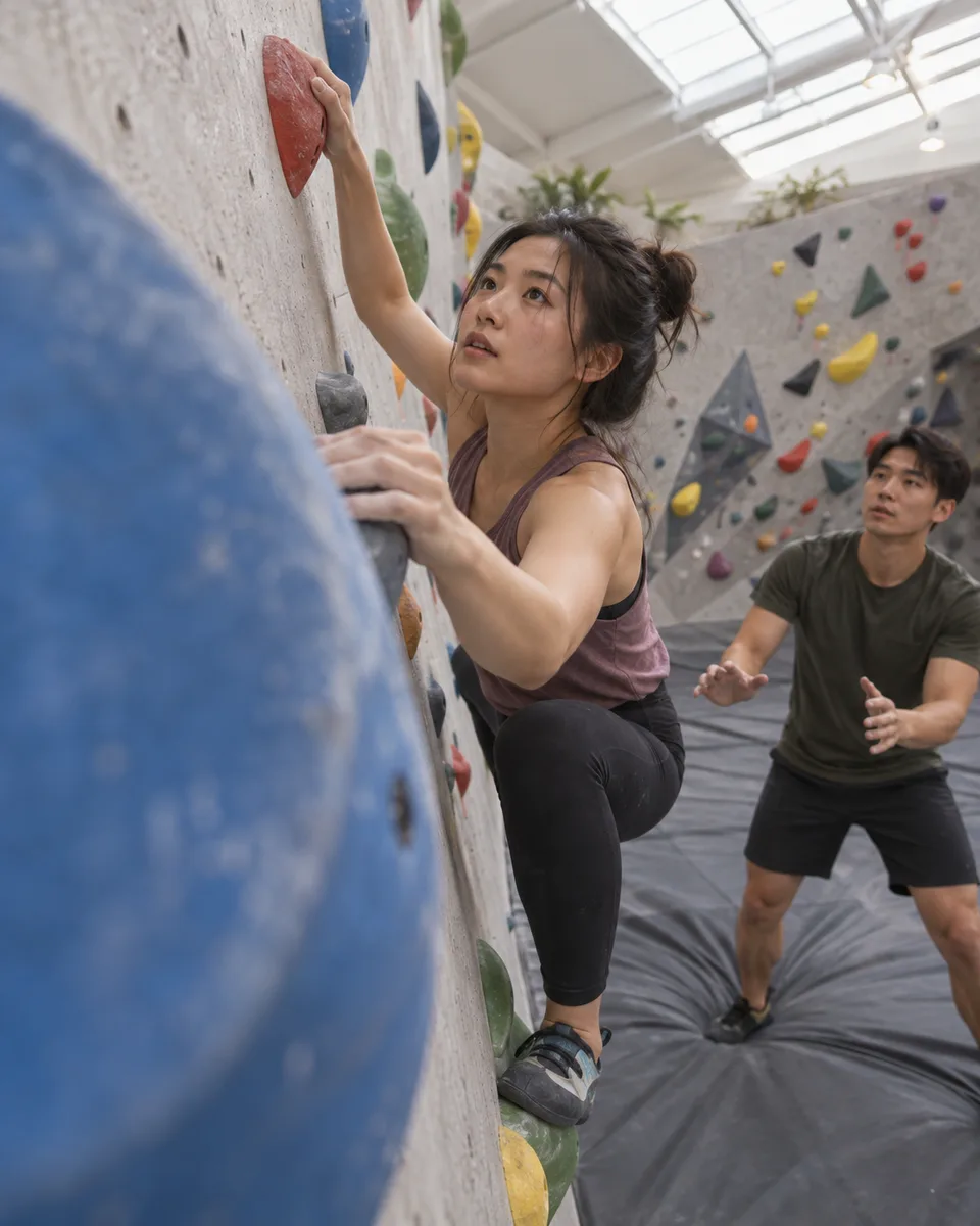 A climber reaches for her first bouldering hold above a padded gym floor while a partner watches.