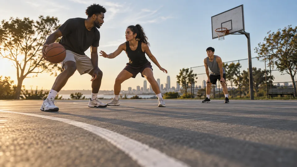 Two adults rehearse an attacking and defensive move on a community basketball court at sunset.