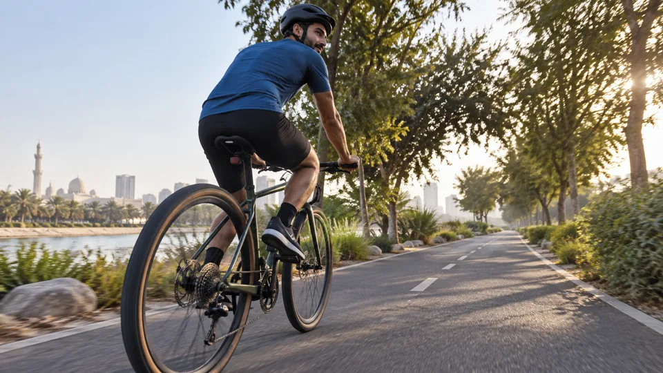 A helmeted cyclist rides an open tree-lined path beside water in early light.