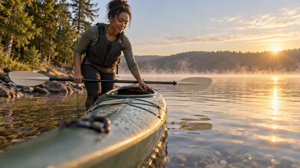 A kayaker in a flotation vest steadies her boat and paddle at the edge of a still lake.