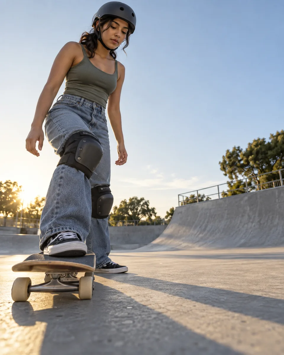 A helmeted beginner steps onto a skateboard at a smooth skate park in late daylight.