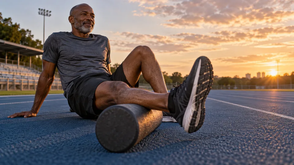 A runner uses a foam roller beneath one leg on an empty track after exercise.