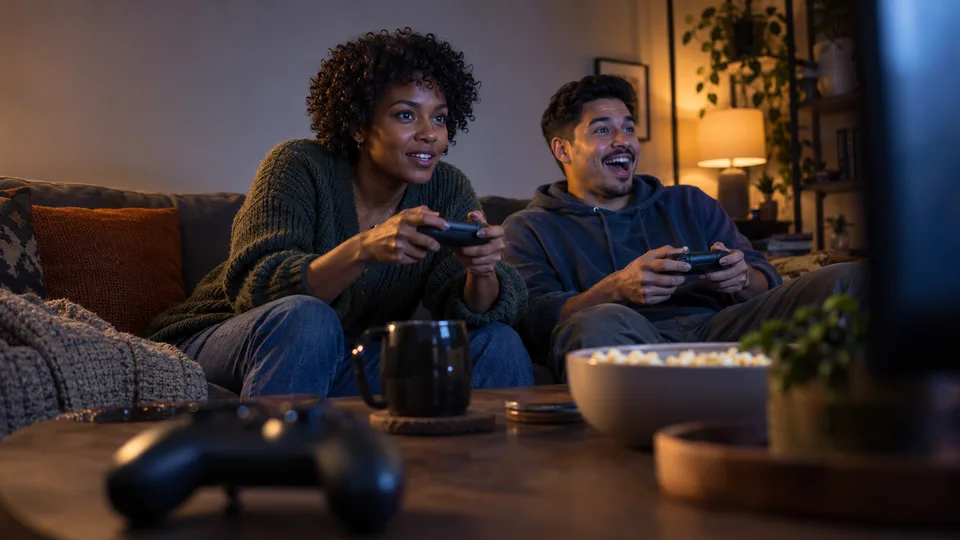 Two friends play a cooperative video game on a sofa, one leaning forward while the other reacts with surprise.