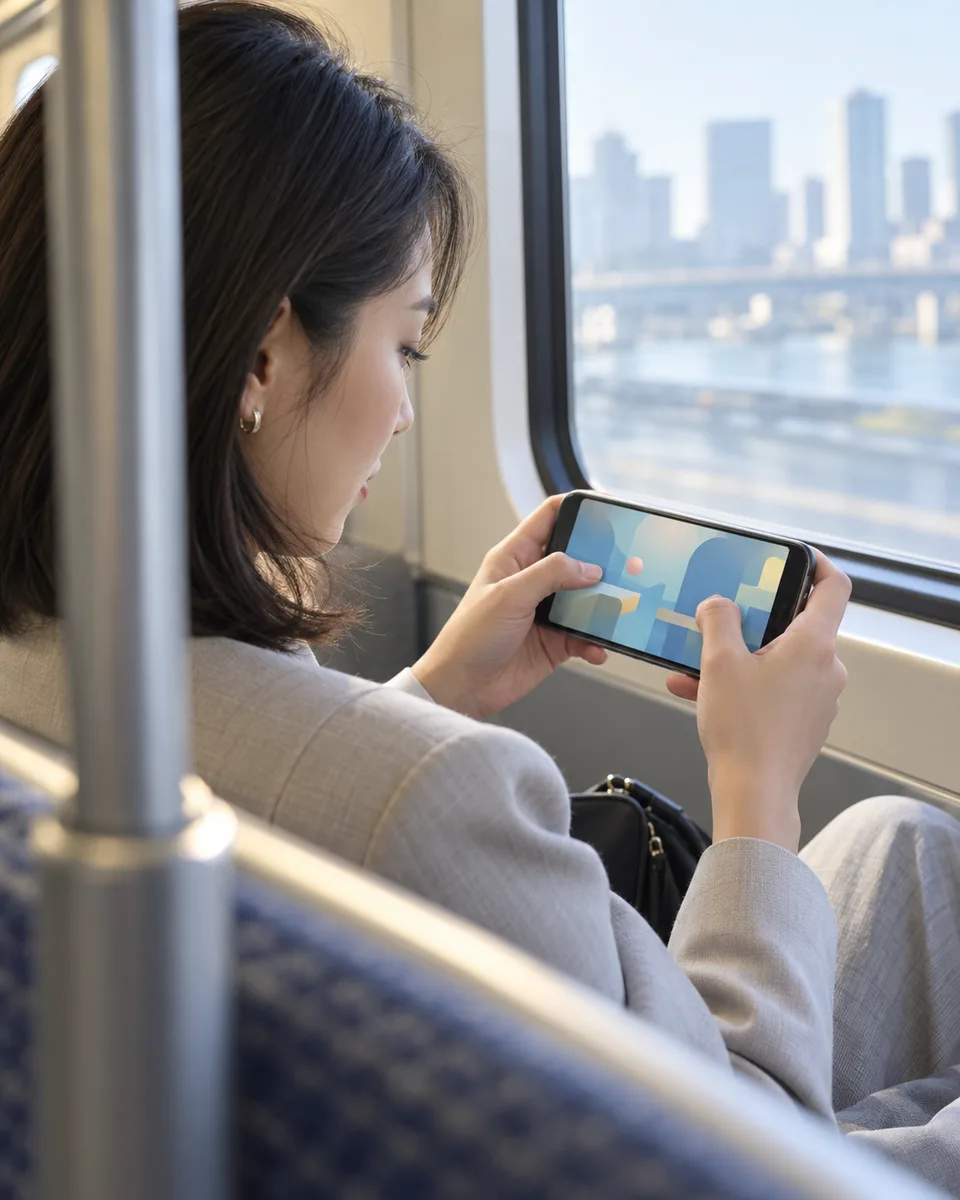 A woman plays a game on a phone held horizontally during a public transit journey.