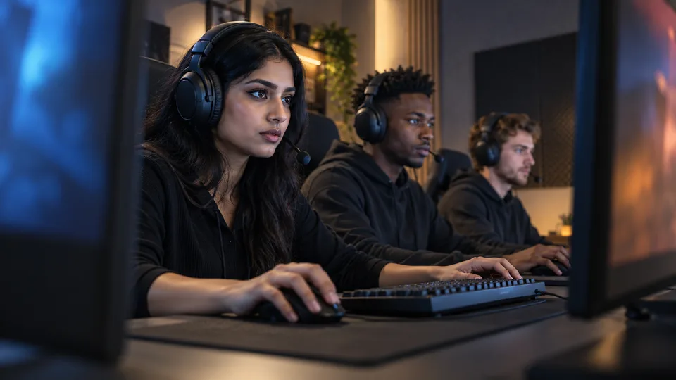 Three adult esports players work at adjacent computer stations in a focused practice room.