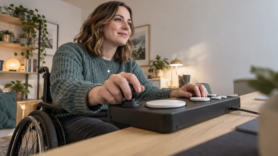 A wheelchair user operates an adaptive gaming controller at a desk in a bright home workspace.