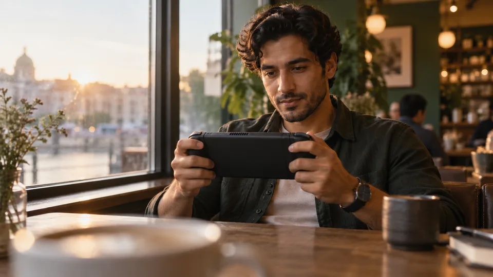 A man looks at the screen of a handheld game device while taking a break beside a cafe window.
