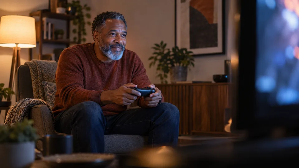 A stylish older adult plays a console game at home with a wireless controller.
