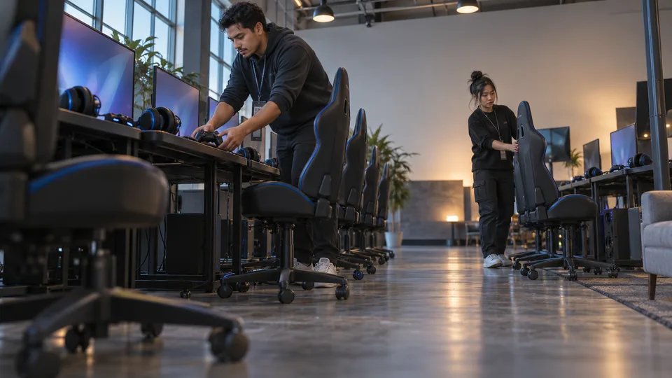 Two event staff prepare rows of gaming stations and chairs before a community tournament.