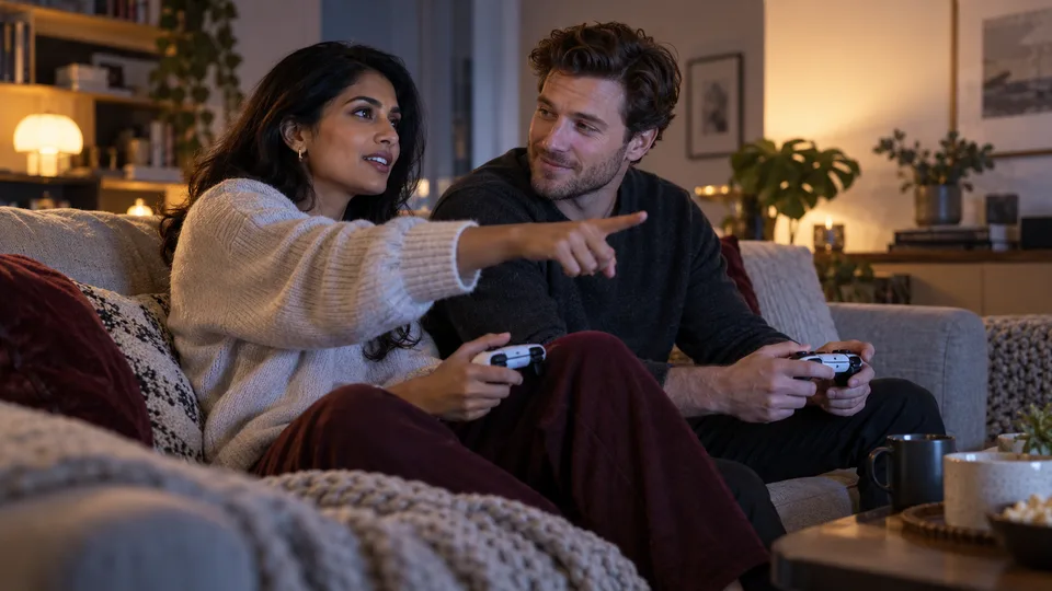A couple plays a cooperative video game at home while one points toward the off-frame screen.