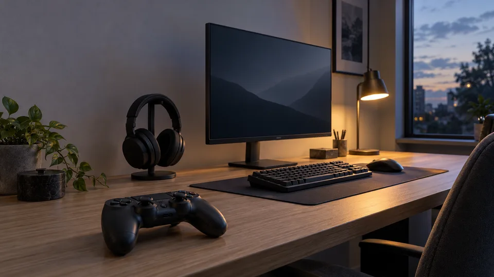 A tidy gaming desk holds a monitor, keyboard, mouse, controller, headset and warm task lamp.