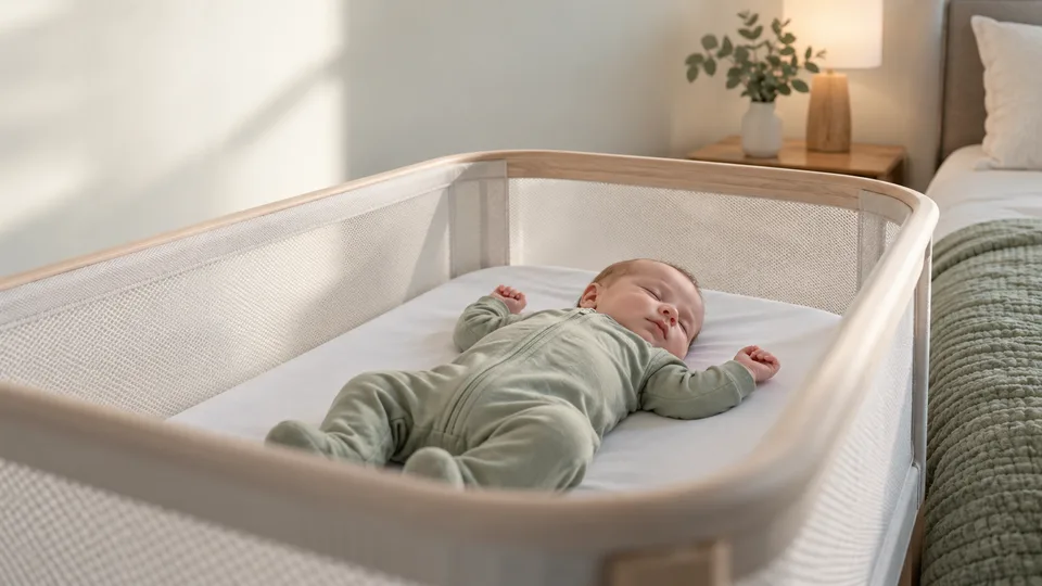 An infant sleeps on their back in an otherwise empty bedside bassinet in soft morning light.