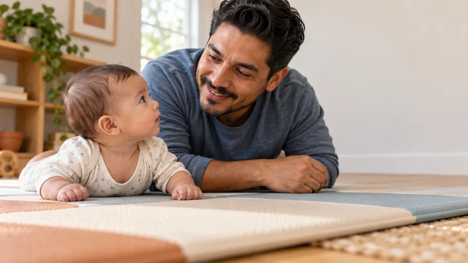 A father lies beside his awake infant on a floor play mat during supervised tummy time.