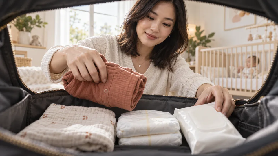 A mother packs a spare outfit, diapers and wipes into a plain baby bag while her infant stays in a nearby crib.