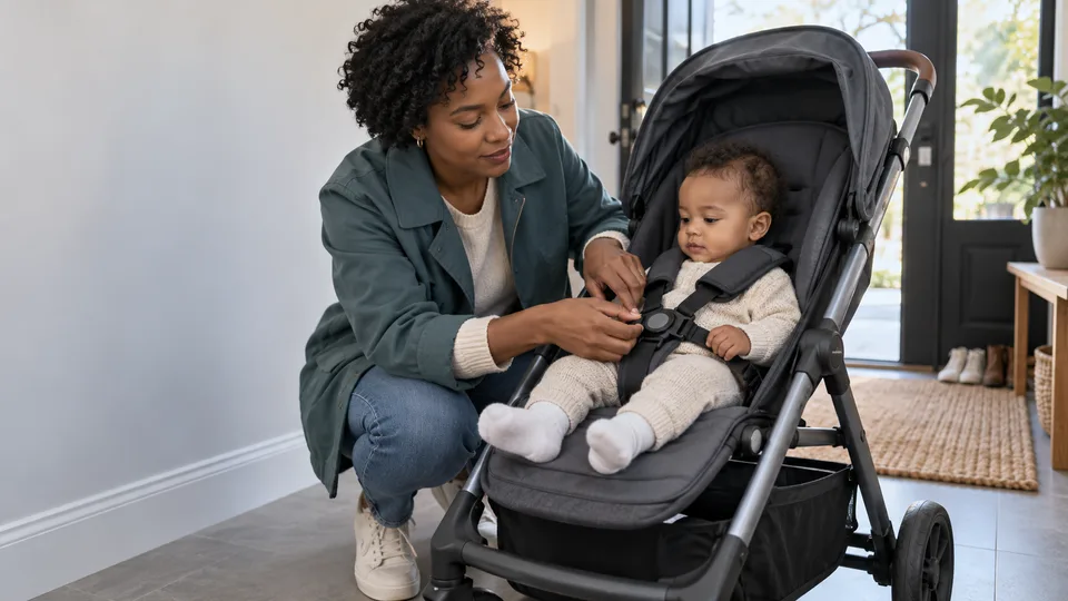 A mother adjusts the harness on her seated infant in a stationary stroller before a walk.