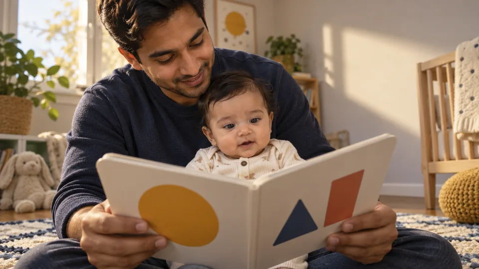 A father supports his baby while they look together at a simple picture board book.