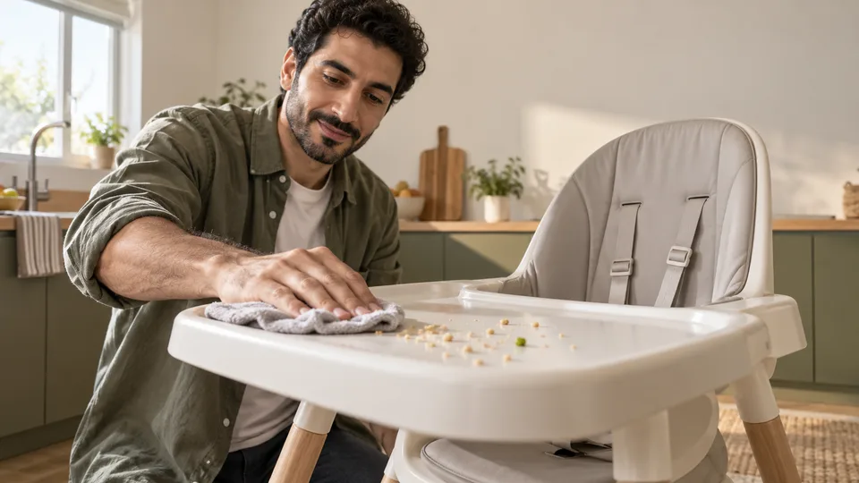 A father wipes crumbs from an empty baby high-chair tray in a sunlit kitchen.