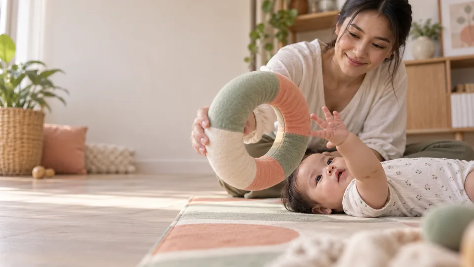 A mother holds a large soft play ring within reach of her awake baby on a floor mat.