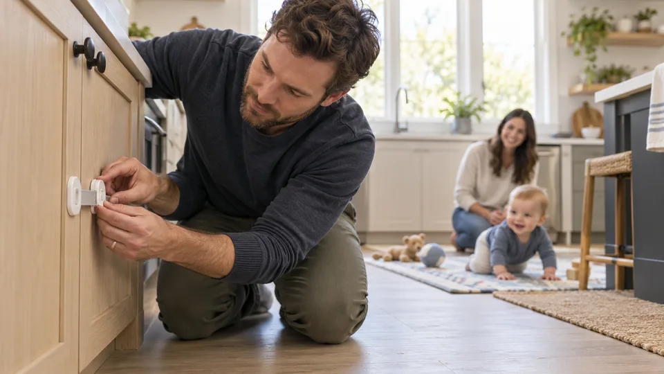 A father installs a child-safety latch on a kitchen cabinet while another adult watches a baby nearby.