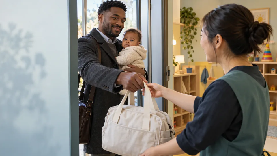 A father holding his baby hands a day bag to a childcare worker at a calm entrance.