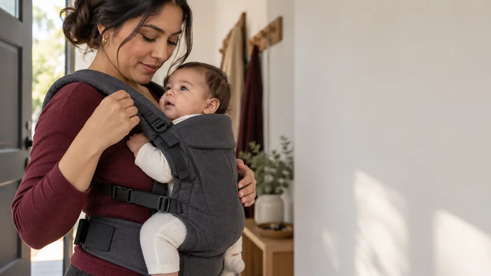 A mother adjusts a front baby carrier while her infant faces inward against her chest.