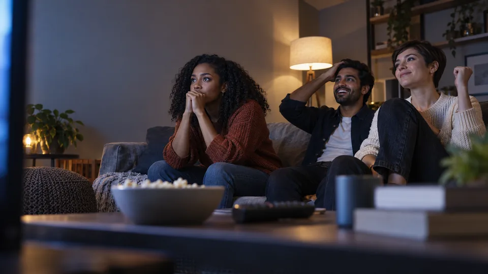 Three friends follow a sports match on an off-frame television with different expressions.