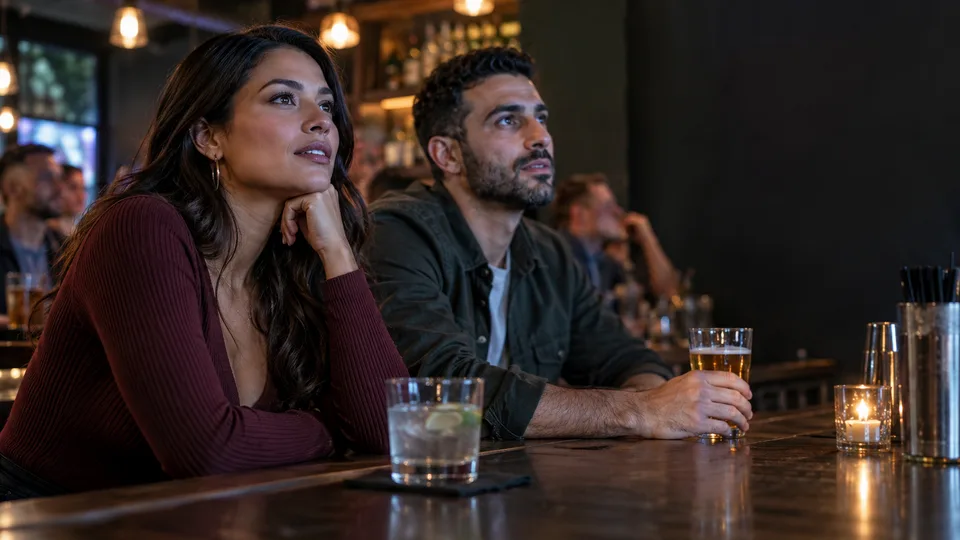 Two friends watch a sports match from a neighborhood bar counter.