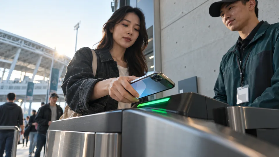 A woman presents her phone at a generic stadium entry reader before an event.