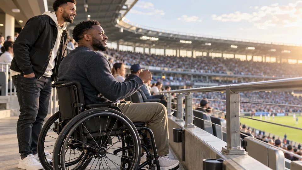 A wheelchair-using fan and a companion watch a match from an accessible stadium viewing area.