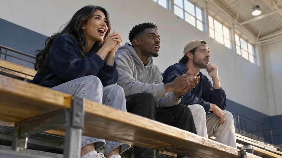 Three friends follow a local basketball game from a gymnasium bleacher.