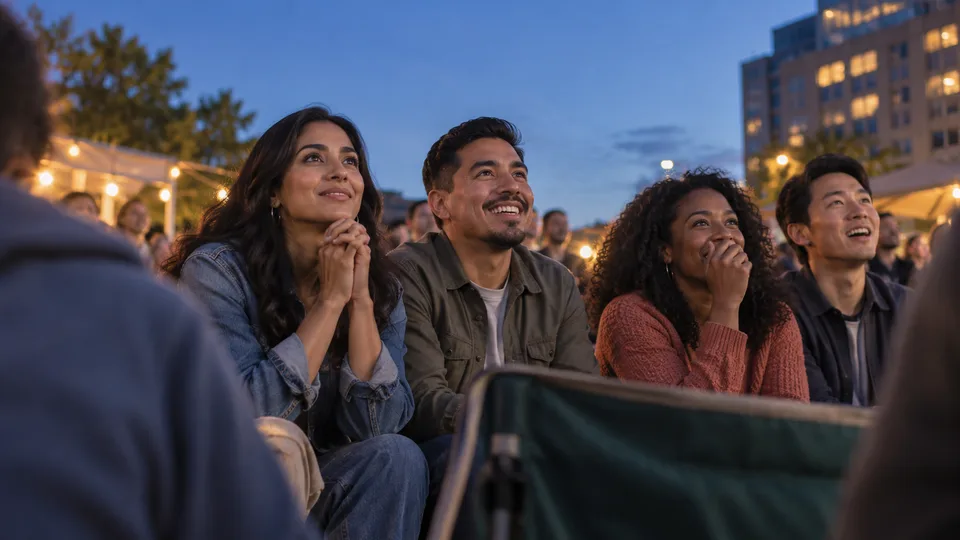 Four adults watch an off-frame sports broadcast among a crowd at an outdoor fan gathering.