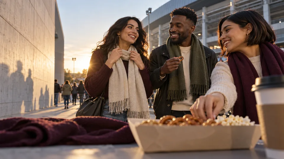 Three friends chat over simple snacks outside a sports venue before the match.