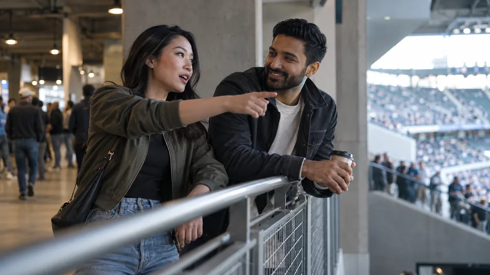Two fans talk beside a railing on a stadium concourse with the distant stands beyond.