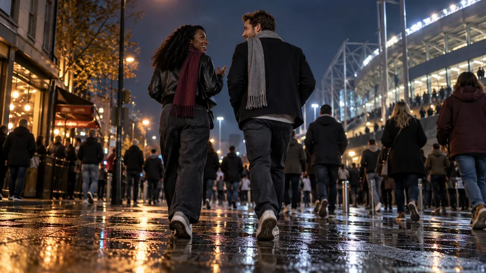 Two friends talk while leaving an illuminated sports venue with other spectators at night.