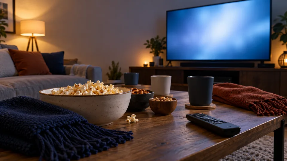 An unbranded living room is set for a sports watch party with a blank television and simple snacks.