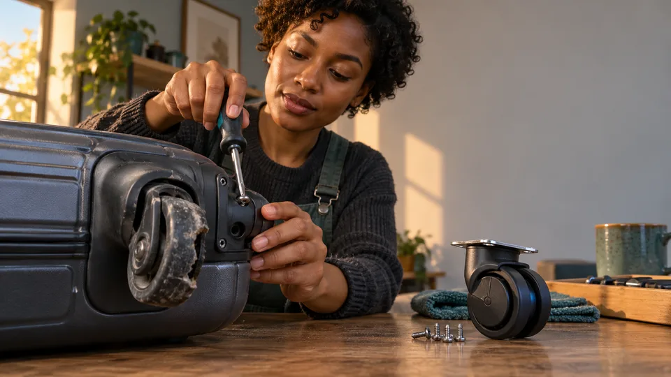 A woman replaces a worn wheel on an unbranded suitcase at a home worktable.