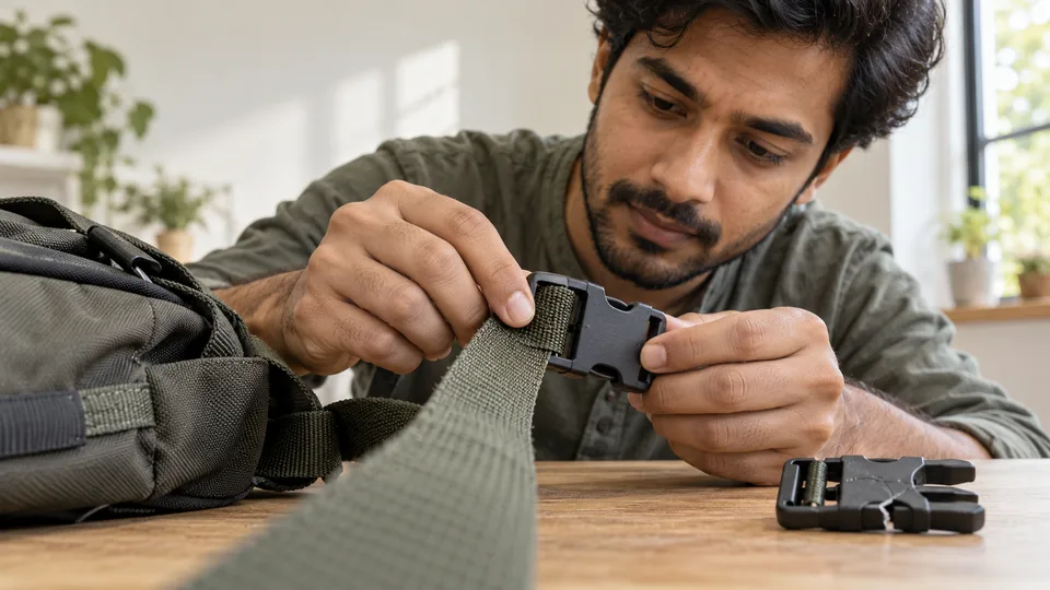 A man threads a replacement buckle onto a worn backpack strap at a table.