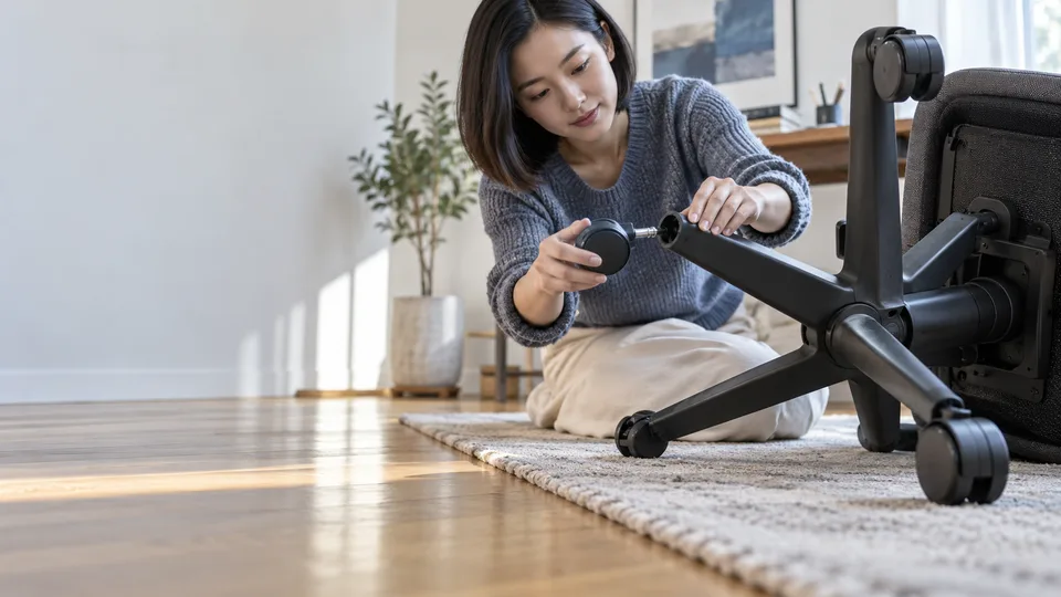 A woman fits a replacement caster into an upside-down office chair base.