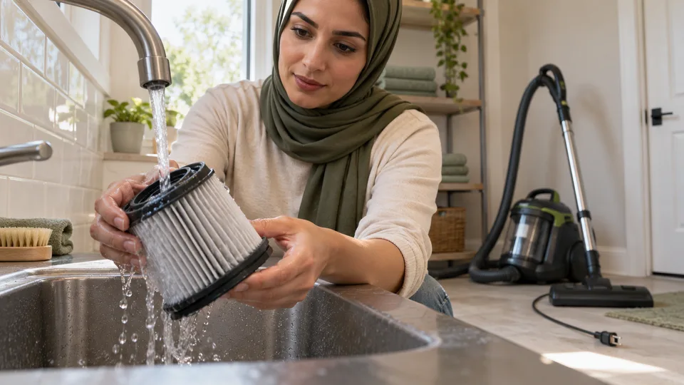 A woman rinses a removable vacuum filter under a faucet while the unplugged vacuum stands nearby.