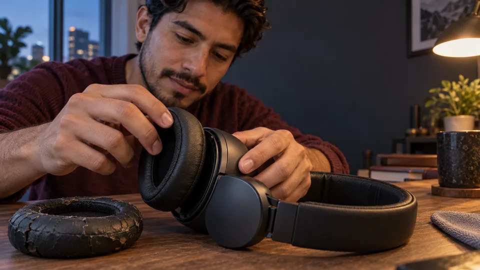 A man fits a new cushion onto a worn pair of over-ear headphones.