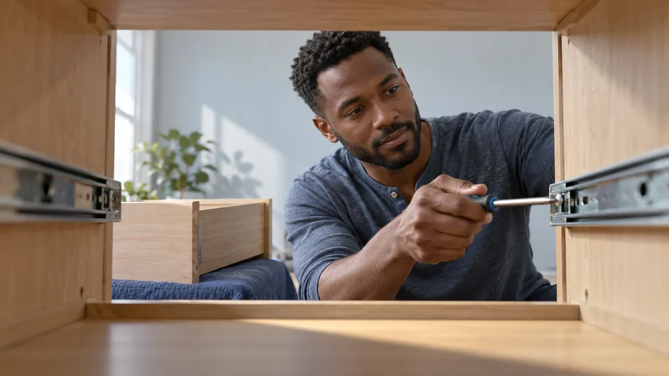 A man adjusts a drawer runner inside a wooden cabinet using a hand screwdriver.