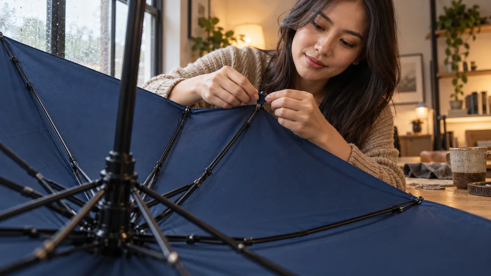 A woman carefully reconnects part of a blue umbrella frame at home.