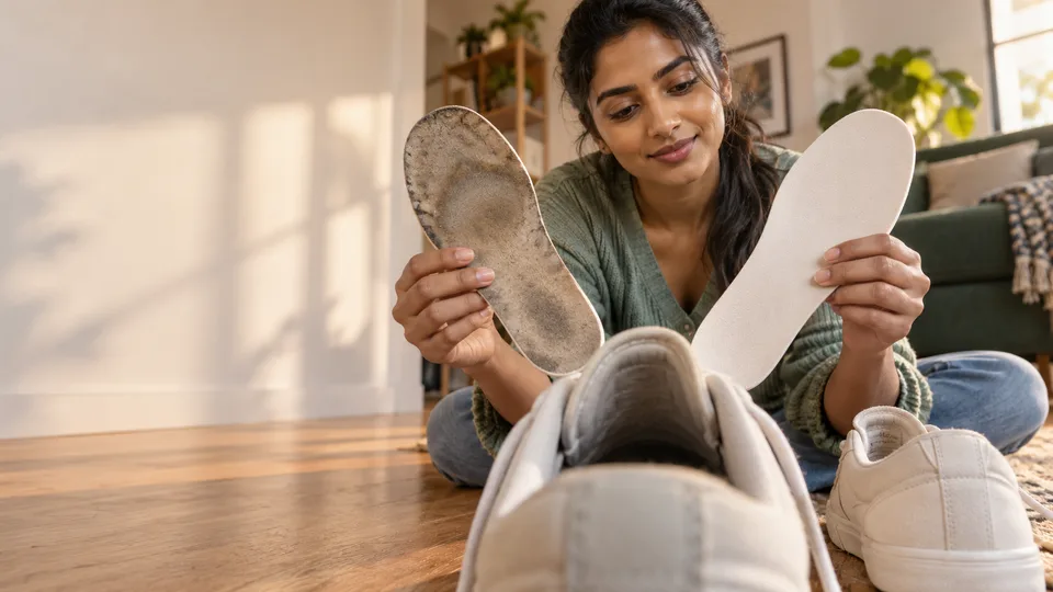 A woman compares worn and clean replacement insoles beside a pair of shoes.