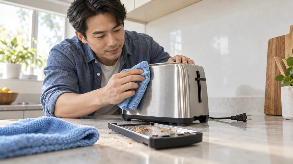 A man cleans an unplugged toaster with a cloth while the removable crumb tray sits nearby.